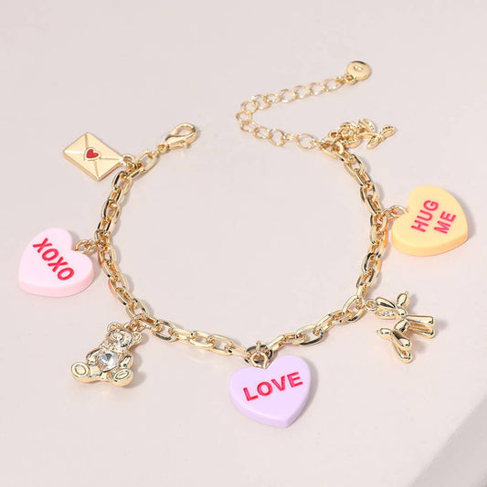 XOXO LOVE HUG ME Heart Balloon Dog Teddy Bear Charm Bracelet