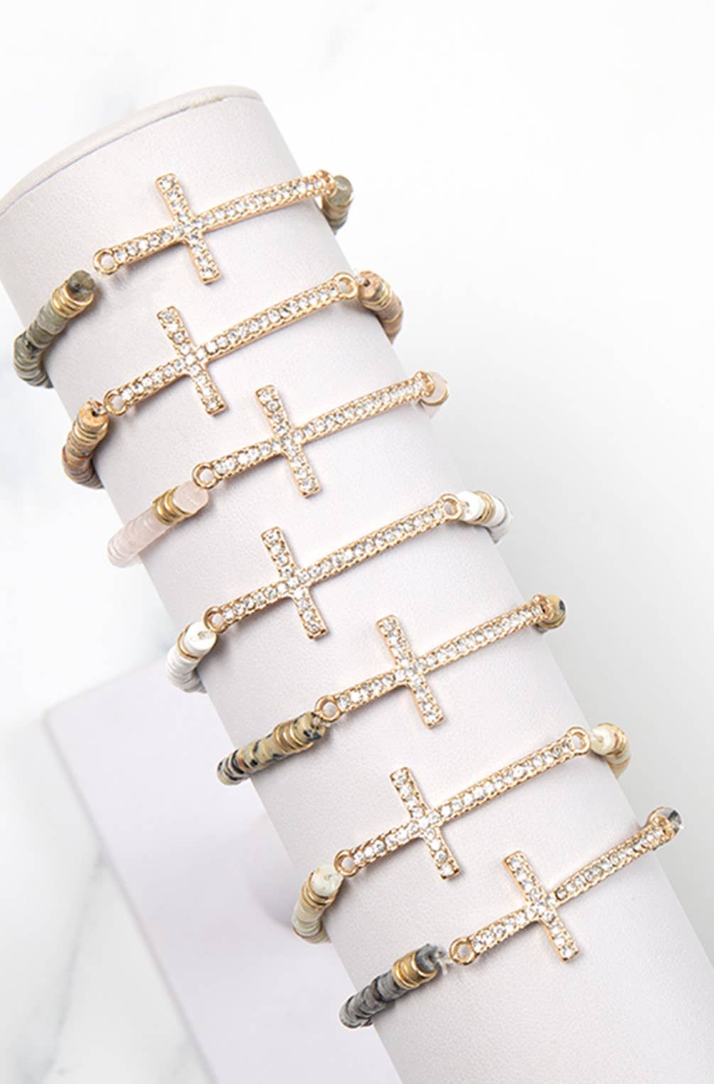 CROSS RHINESTONE NATURAL STONE STRETCH BRACELET