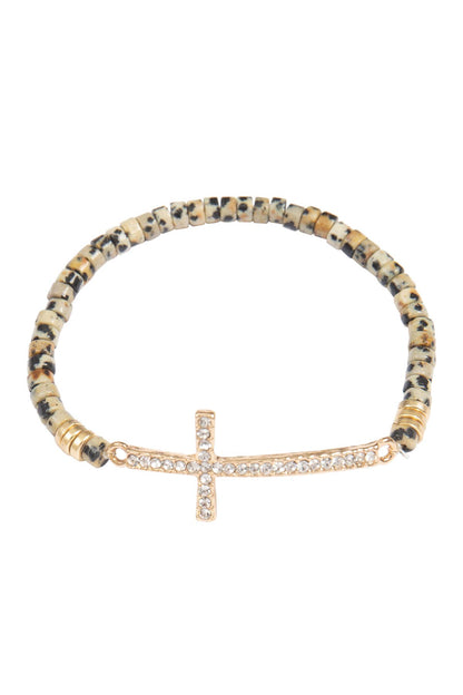 CROSS RHINESTONE NATURAL STONE STRETCH BRACELET