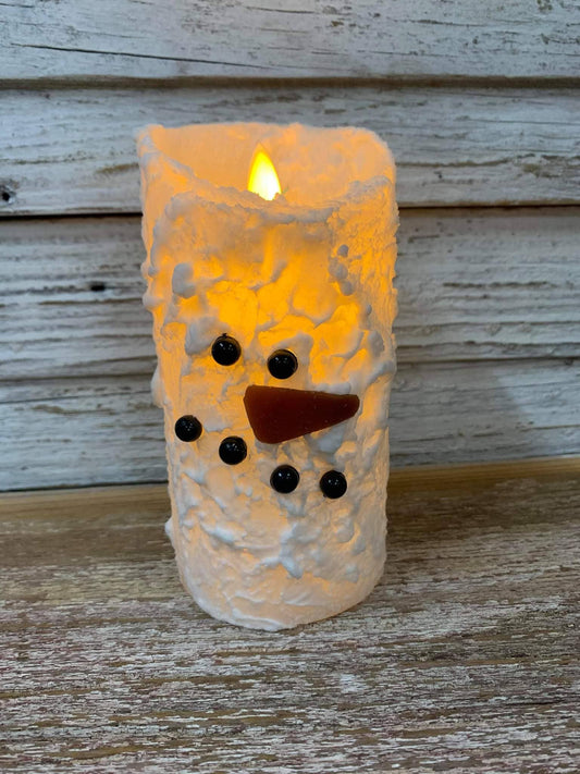 Snowman Bumpy White Moving Flame LED Candle 3in by 7in