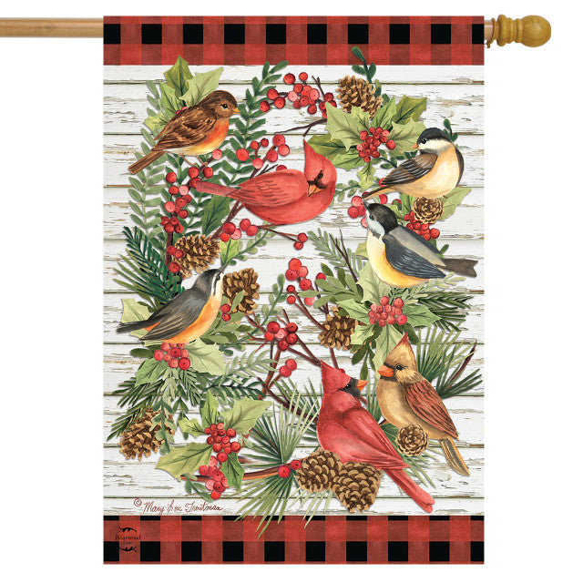 Winter Bird Wreath House Flag