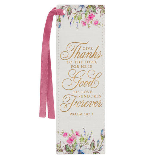 Give Thanks White Floral Faux Leather Bookmark - Psalm 107:1