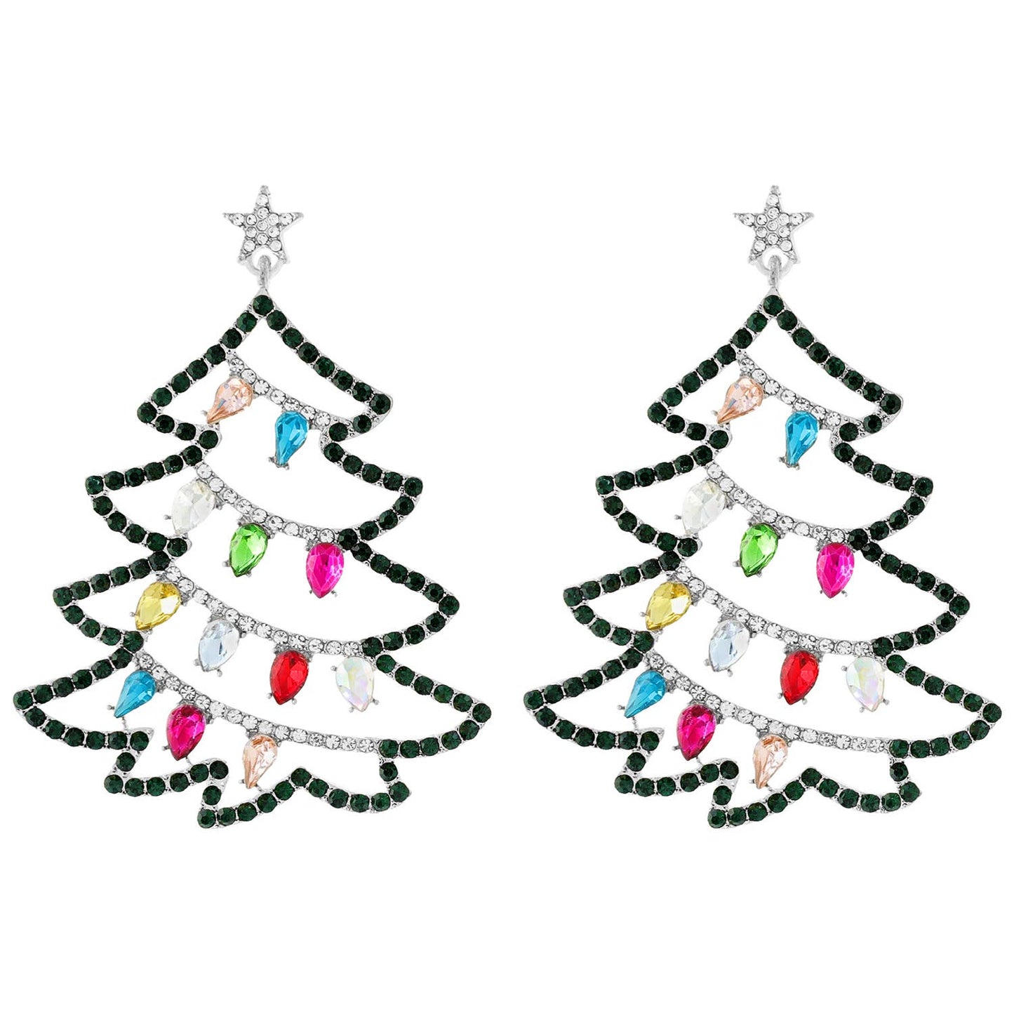 Christmas Tree Crystal Dangle Earrings: Silver