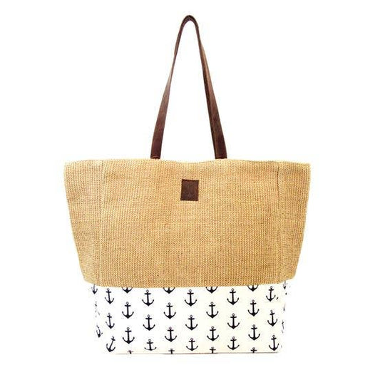 White Anchor Jute Tote with Leather Handle