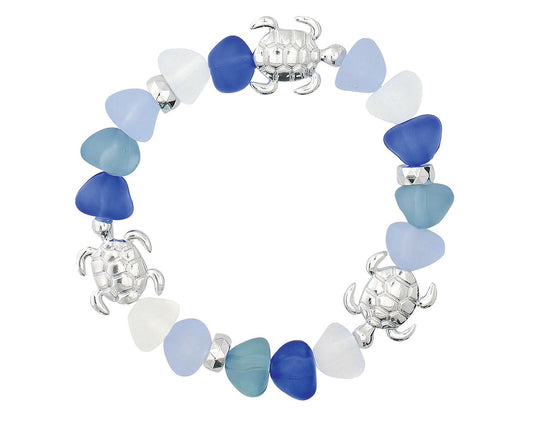 Blue Sea Glass with Turtles Bracelet