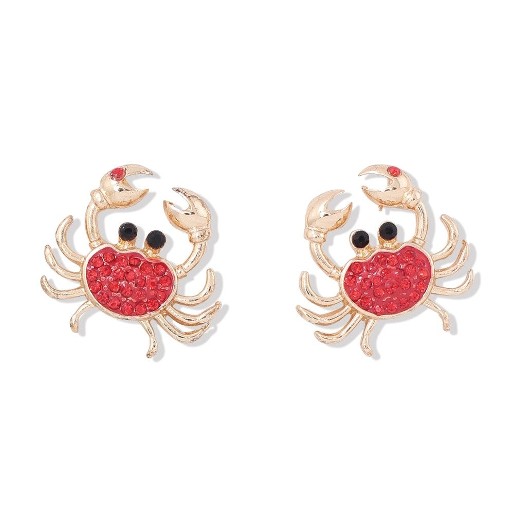 Gold Crab with Red Crystals Earrings