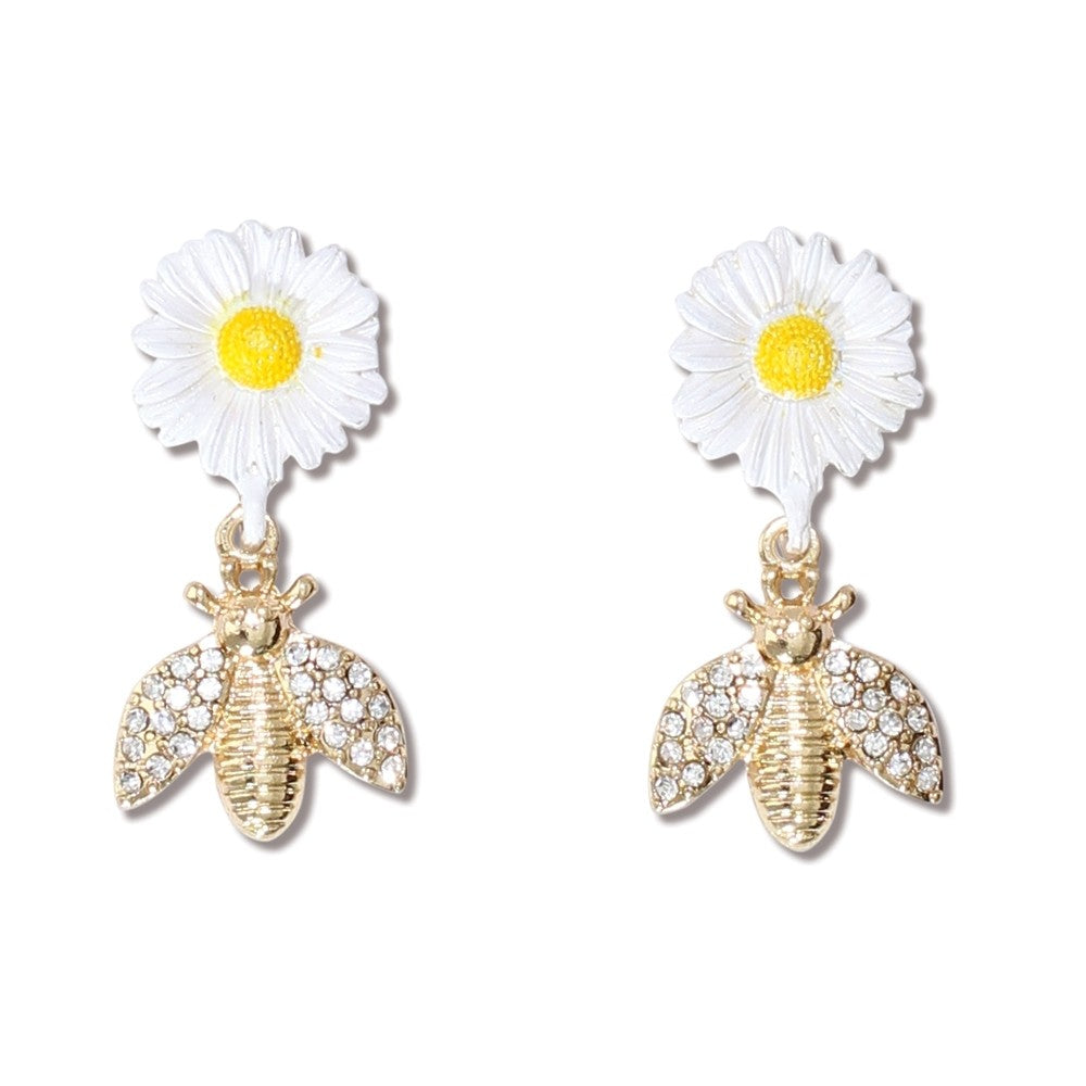 Daisies & Gold Crystal Bees Earrings