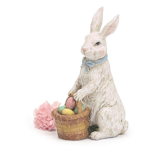 White Bunny Holding Basket Figurine