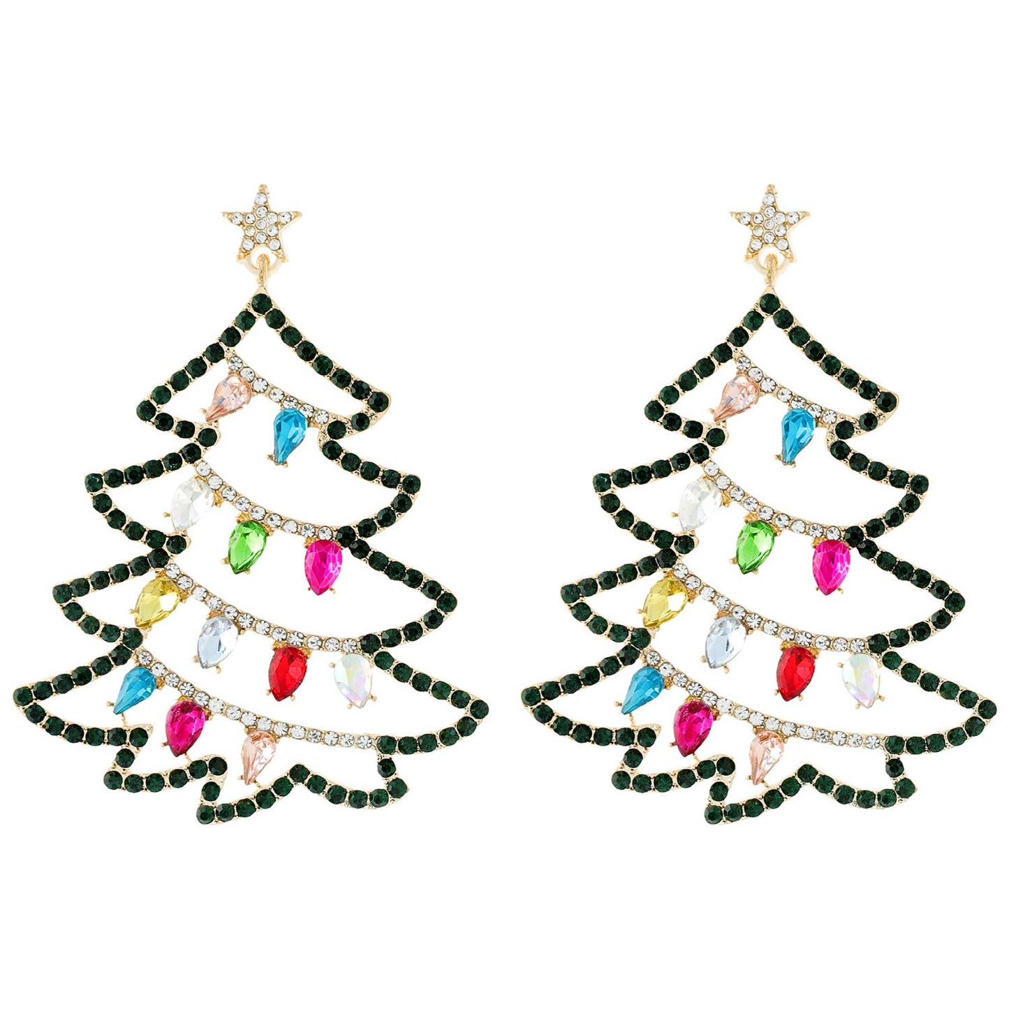 Christmas Tree Crystal Dangle Earrings: Gold