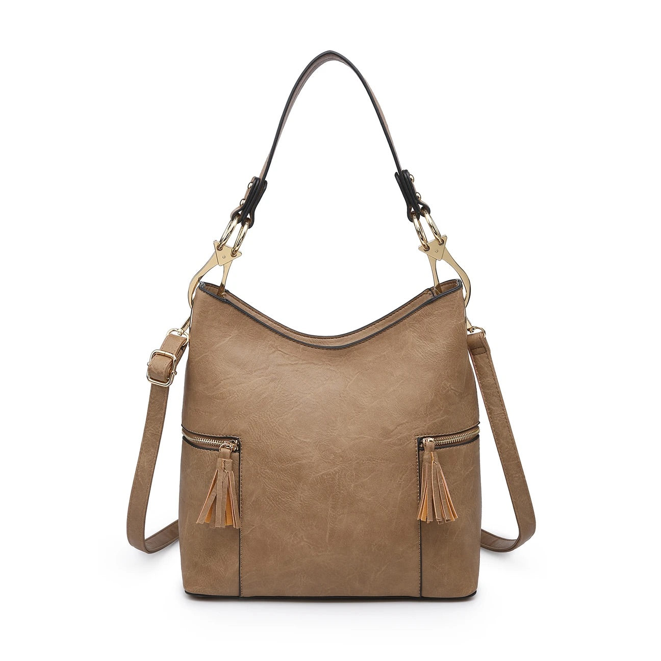 Two Side Zip Pockets Hobo Bag (Taupe Color)