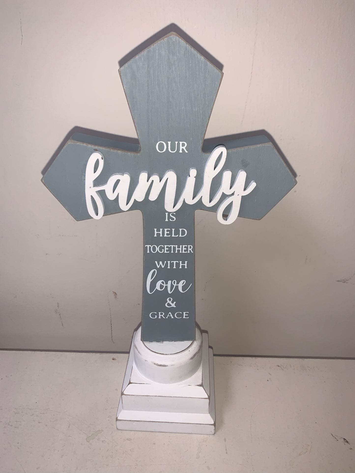 Wood Tabletop Cross with 3D Lettering