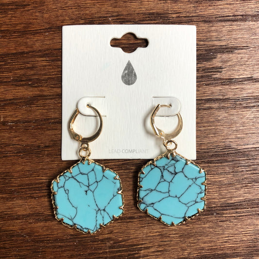 Turquoise Hexagon with Gold Dangle Earrings