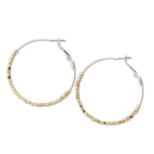 Two Tone Beaded Silver Hoop Earrings