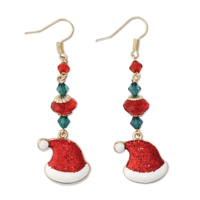 Red Glitter Santa Hats and Beads Earrings