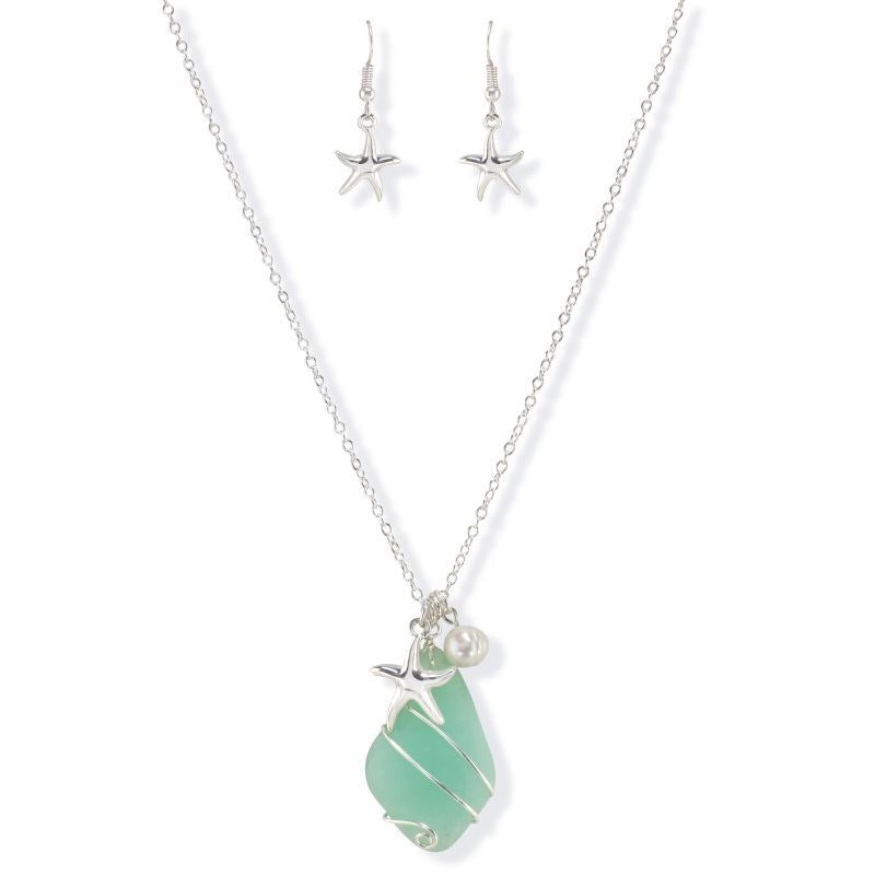 Sea Glass Starfish and Pear Necklace and Earrings Set