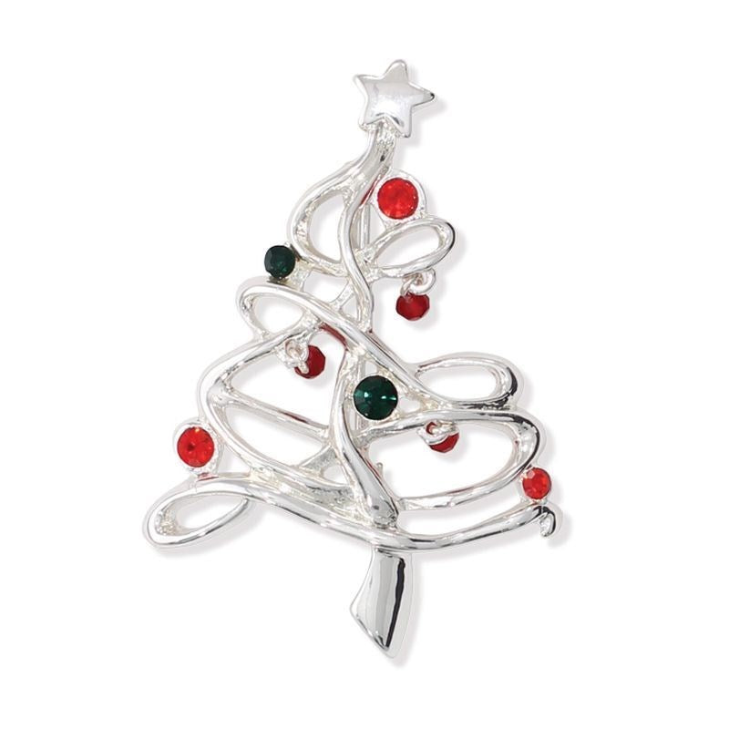 Silver Tree with Crystal Ornaments Pin